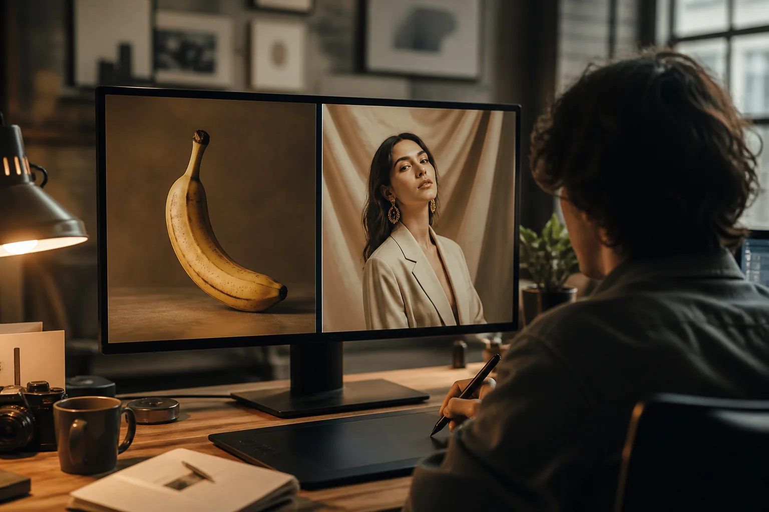 Creative workspace showing Nano Banana stills on a monitor